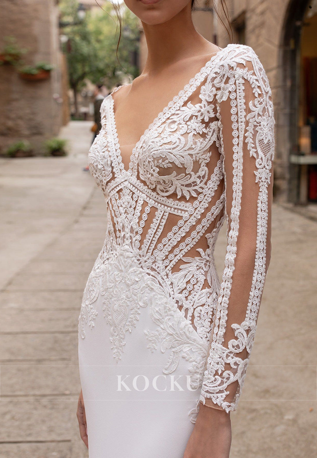 Lace Illusion Long Sleeve Mermaid Wedding Dress with Sheer Back & Train