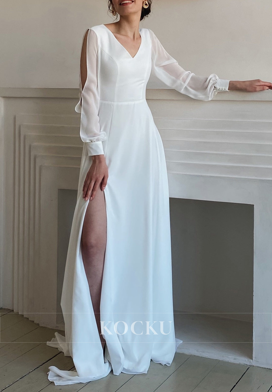 Elegant V-Neck Long-Sleeve Wedding Dress with Side Slit and Sheer Details