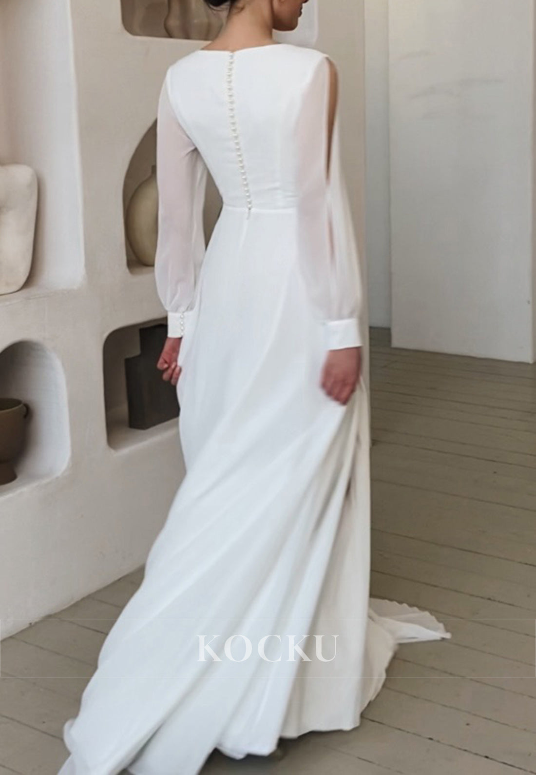 Elegant V-Neck Long-Sleeve Wedding Dress with Side Slit and Sheer Details