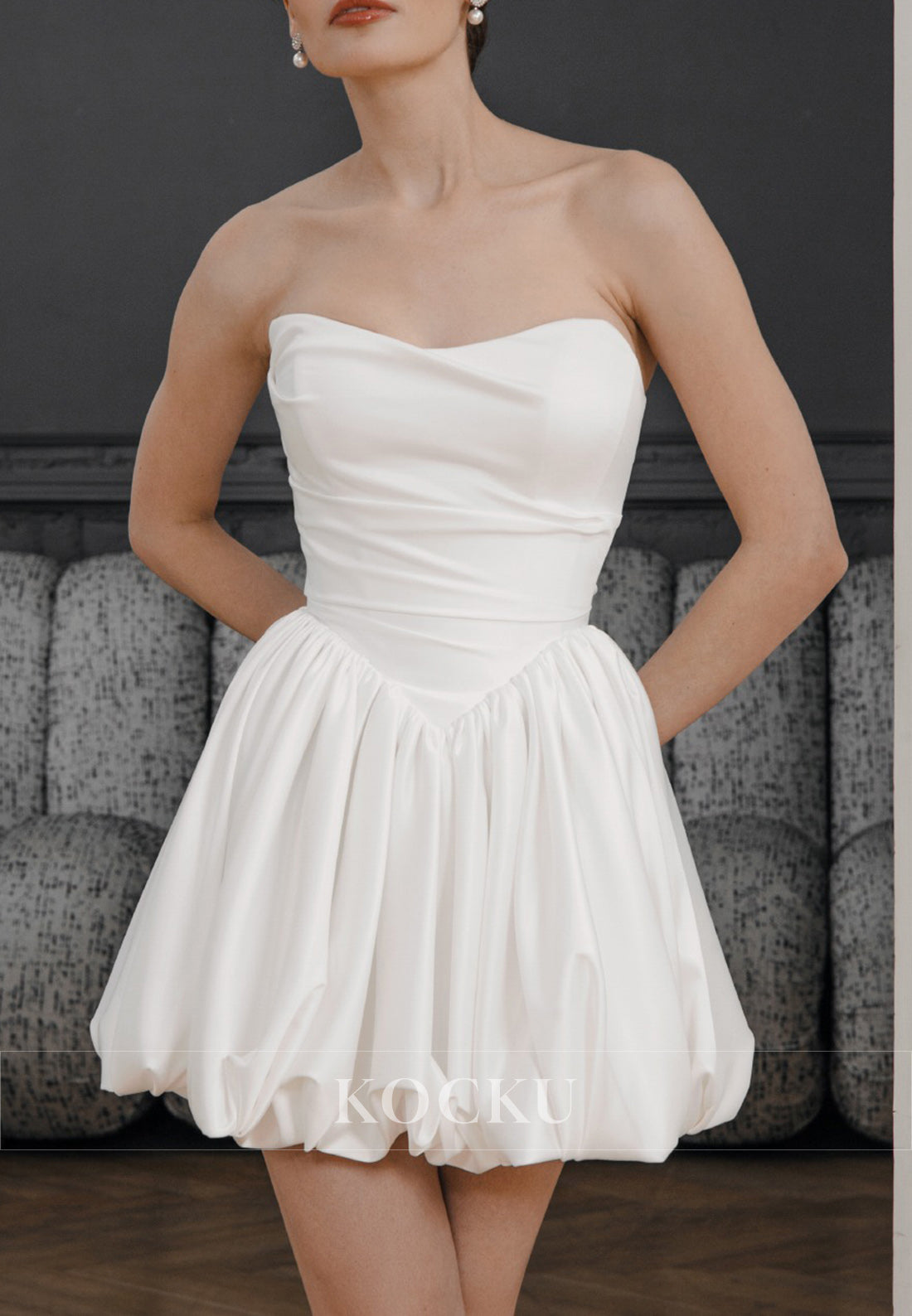 Chic Strapless Ruched Lace-Up Puff Mini Wedding Dress with Detachable Straps