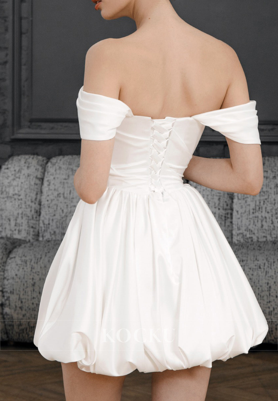Chic Strapless Ruched Lace-Up Puff Mini Wedding Dress with Detachable Straps