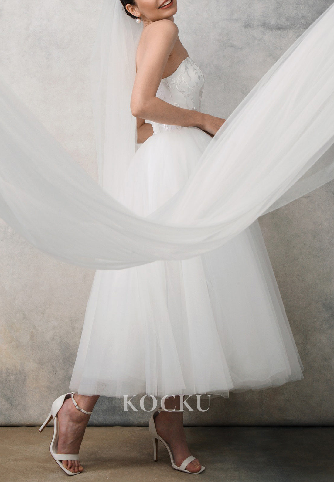 White Strapless Floral Applique Ballgown Ankle-Length Wedding Dress