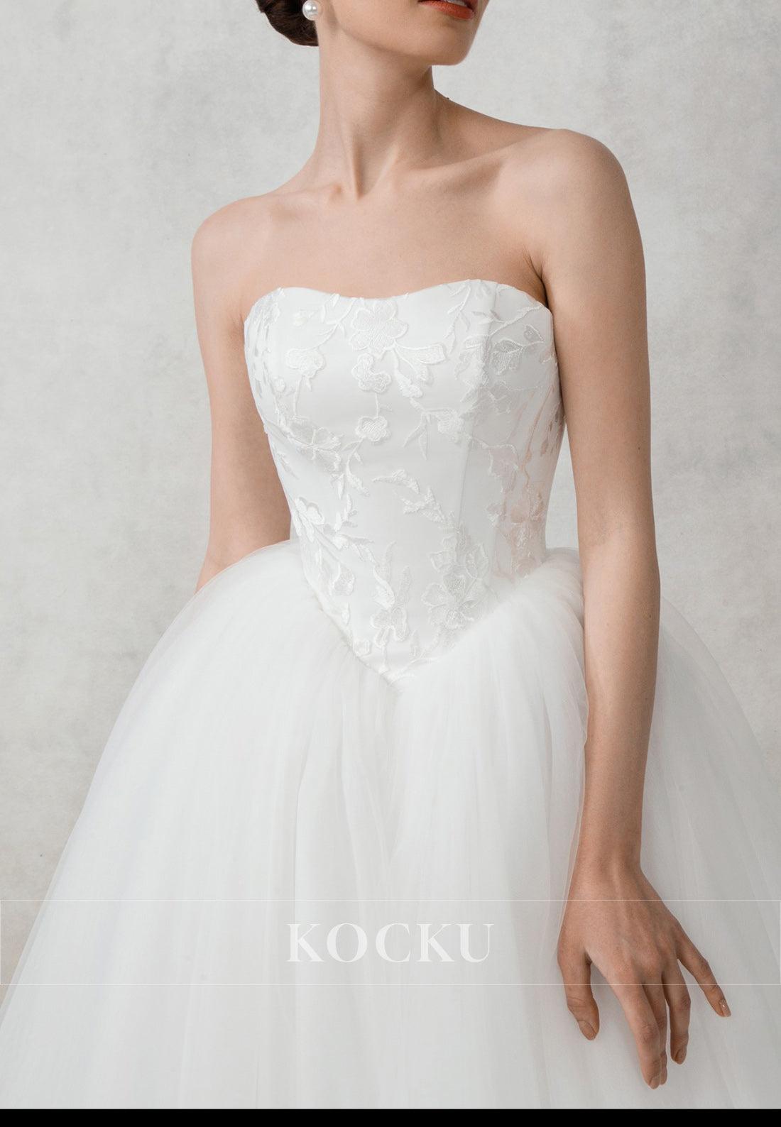 White Strapless Floral Applique Ballgown Ankle-Length Wedding Dress
