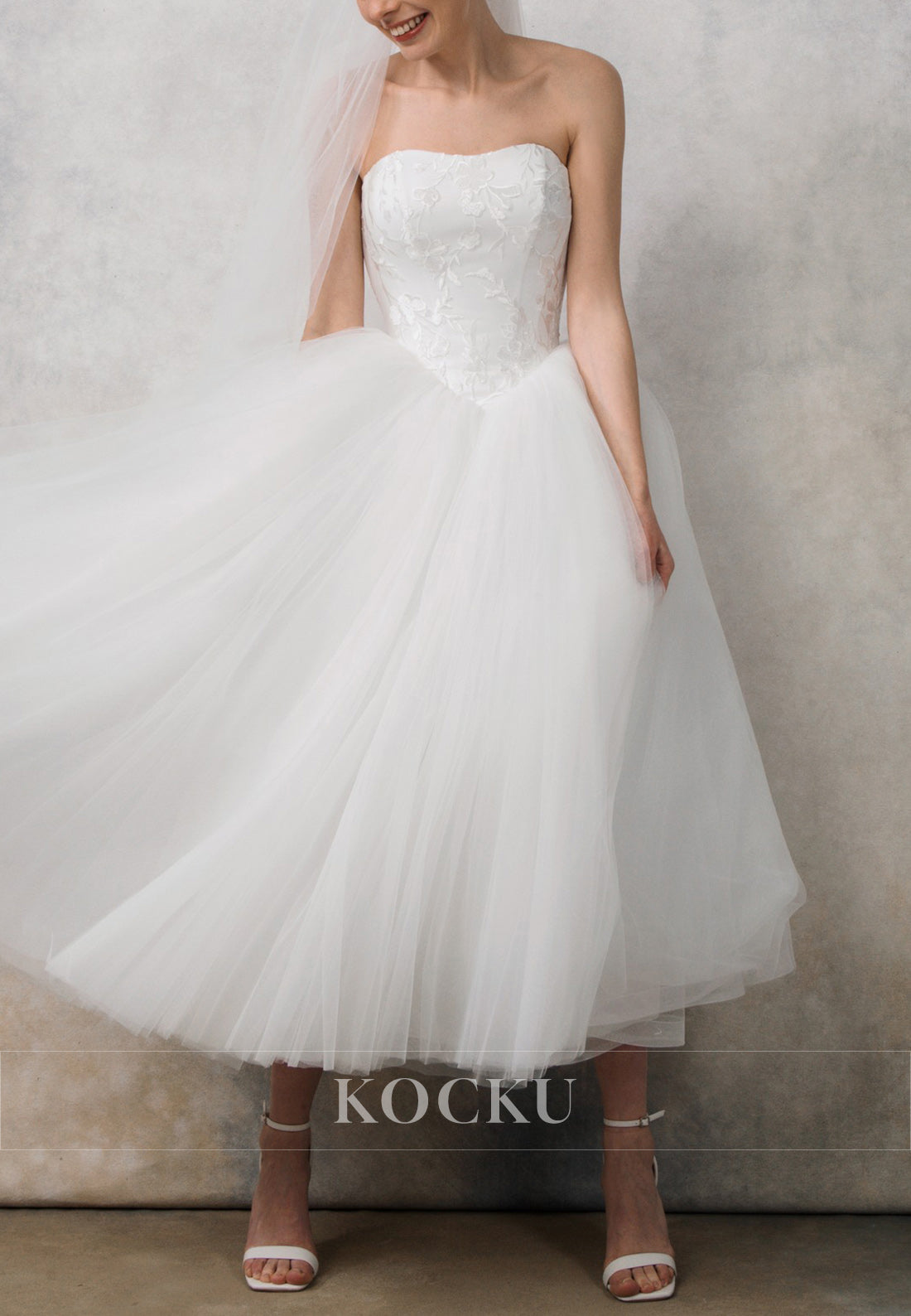 White Strapless Floral Applique Ballgown Ankle-Length Wedding Dress