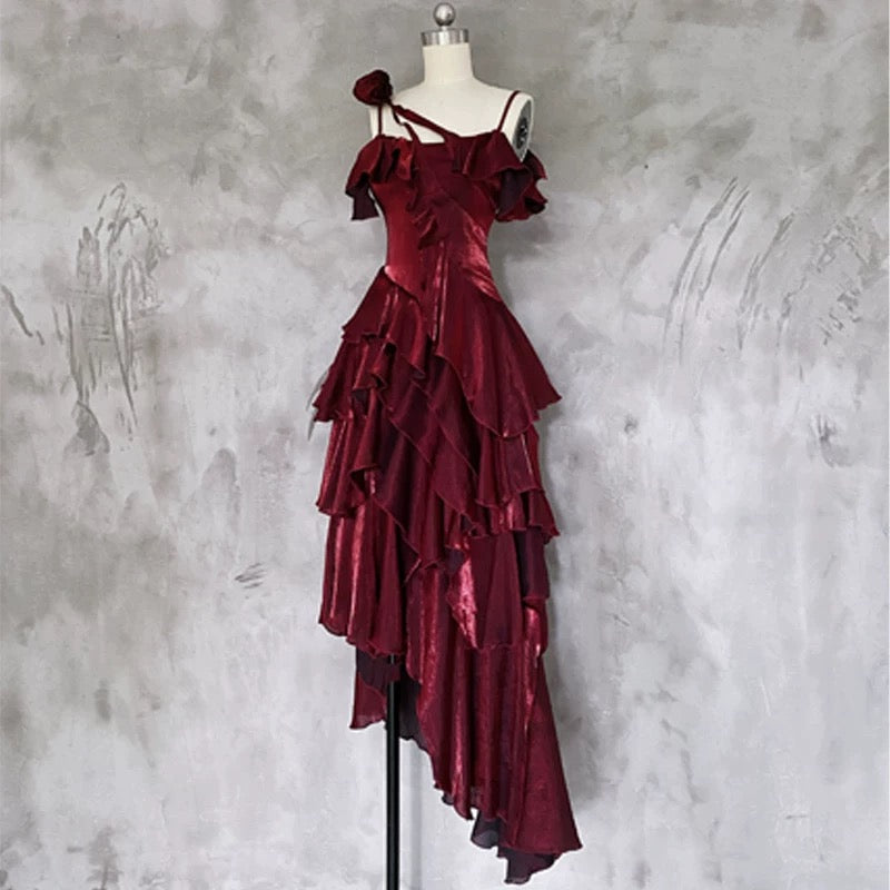 Pretty Irregular Ruffled Spaghetti Straps Burgundy Prom Dresses With Detachable Rose Long Birthday Dress For Women