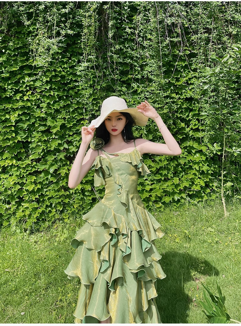 Pretty Irregular Ruffled Spaghetti Straps Green Prom Dresses With Detachable Rose Long Birthday Dress For Women