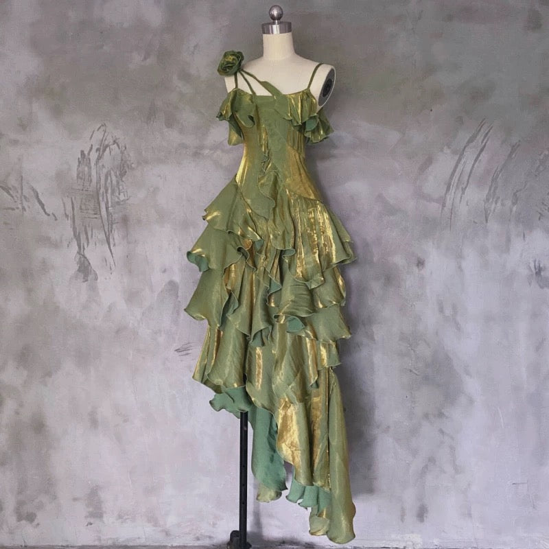 Pretty Irregular Ruffled Spaghetti Straps Green Prom Dresses With Detachable Rose Long Birthday Dress For Women