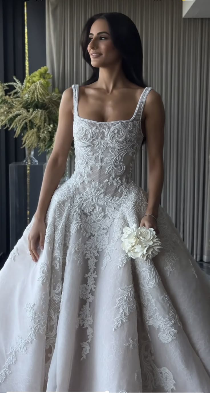 Pretty Wedding Dress Ball Gown Square Neck Lace White Wedding Dresses Bridal Gowns