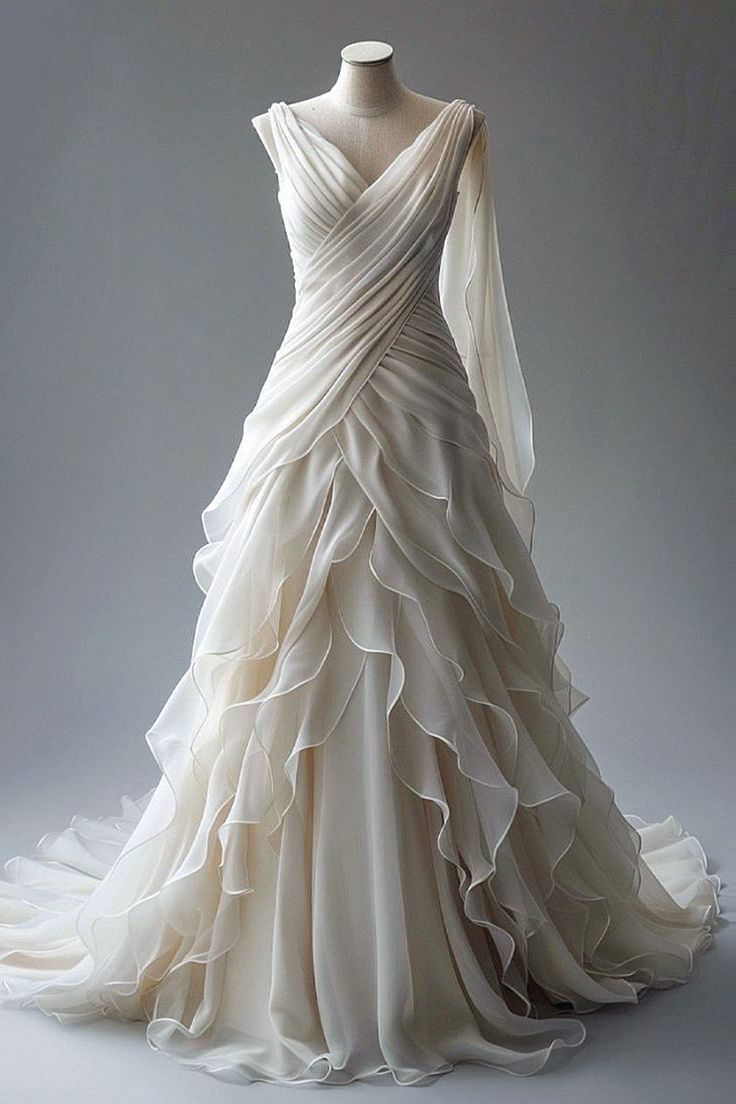 Princess Ball Gown V Neckline Pleats White Chiffon Wedding Dresses