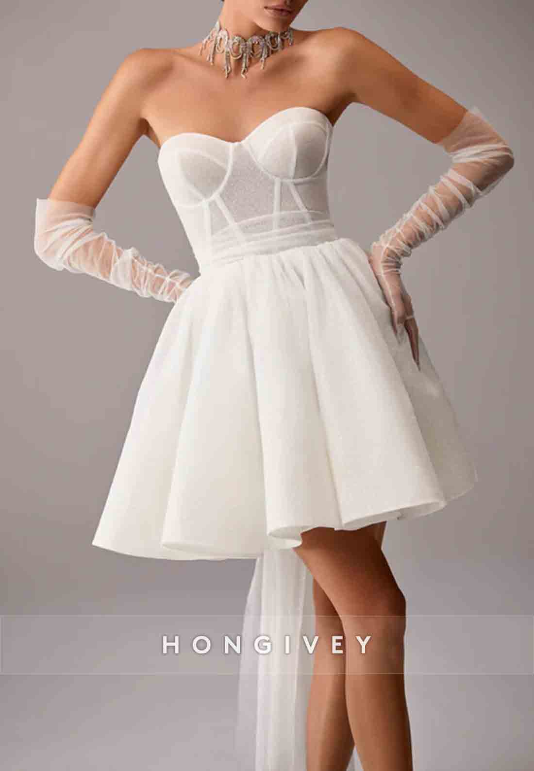 Mini Strapless Bowknot Pleated Crisscross Back Ball Gown Wedding Dresses