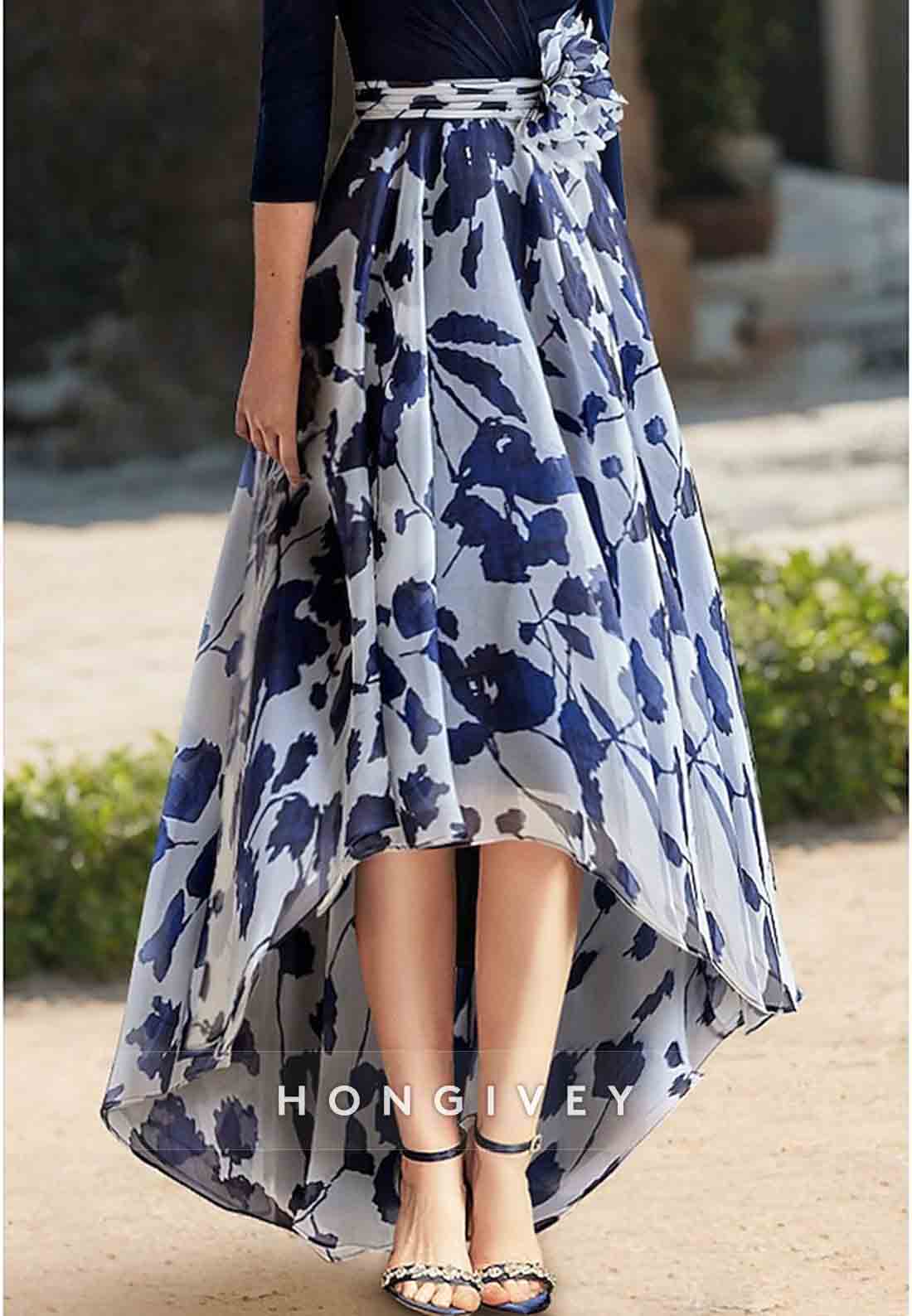 A-line V Neck Pleated Asymmetrical Flower Floral Print 3/4 Sleeve Mother of the Bride