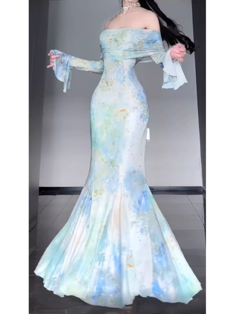 Retro Mermaid Off The Shoulder Floral Long Sleeves Party Dresses Birthday Outfits