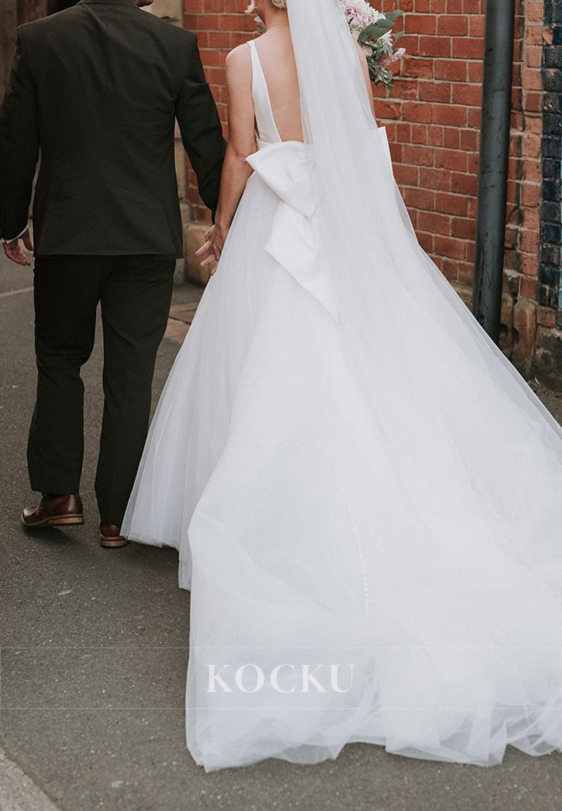 White Deep Neck Bow Back Ballgown Wedding Dress