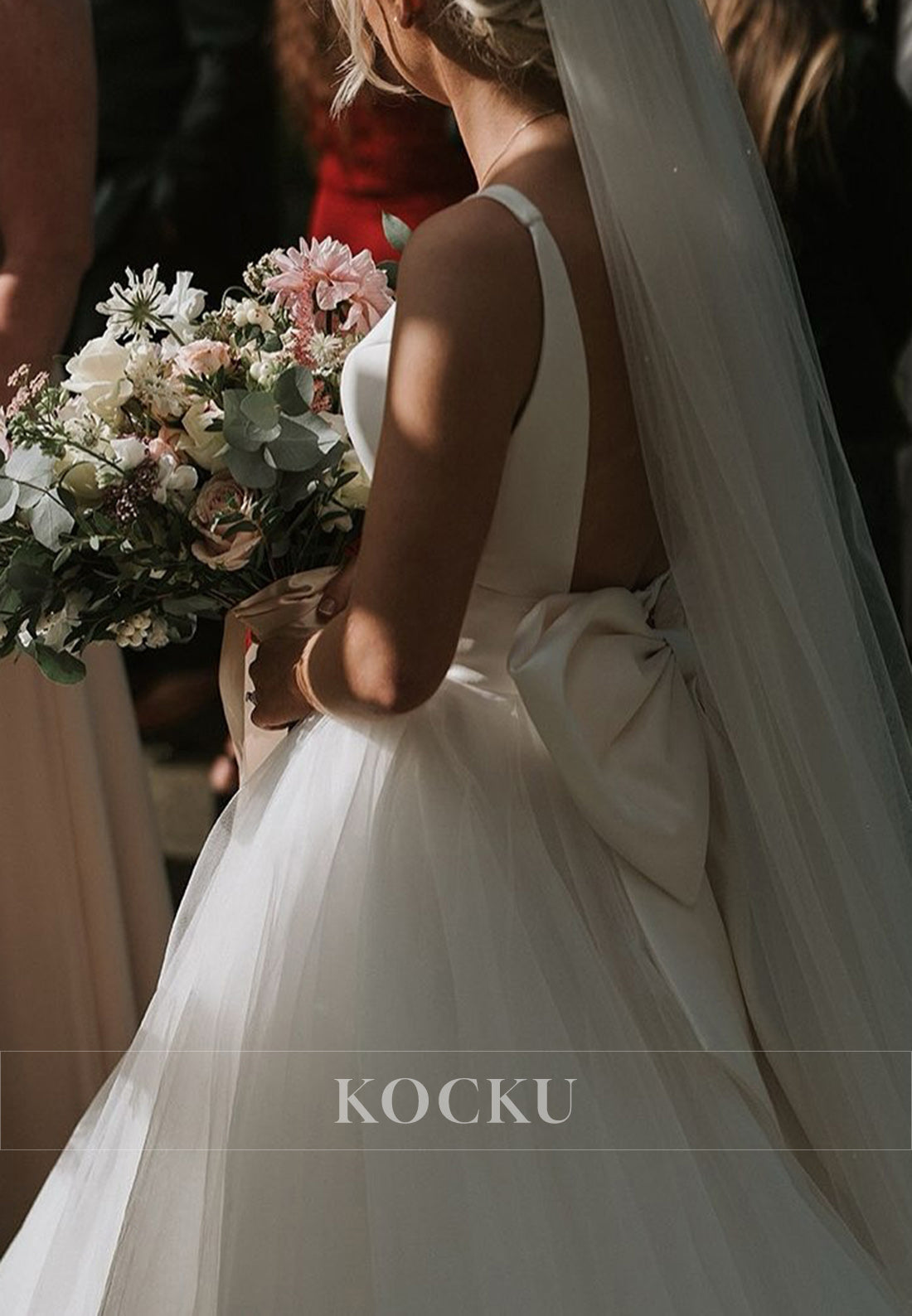 White Deep Neck Bow Back Ballgown Wedding Dress