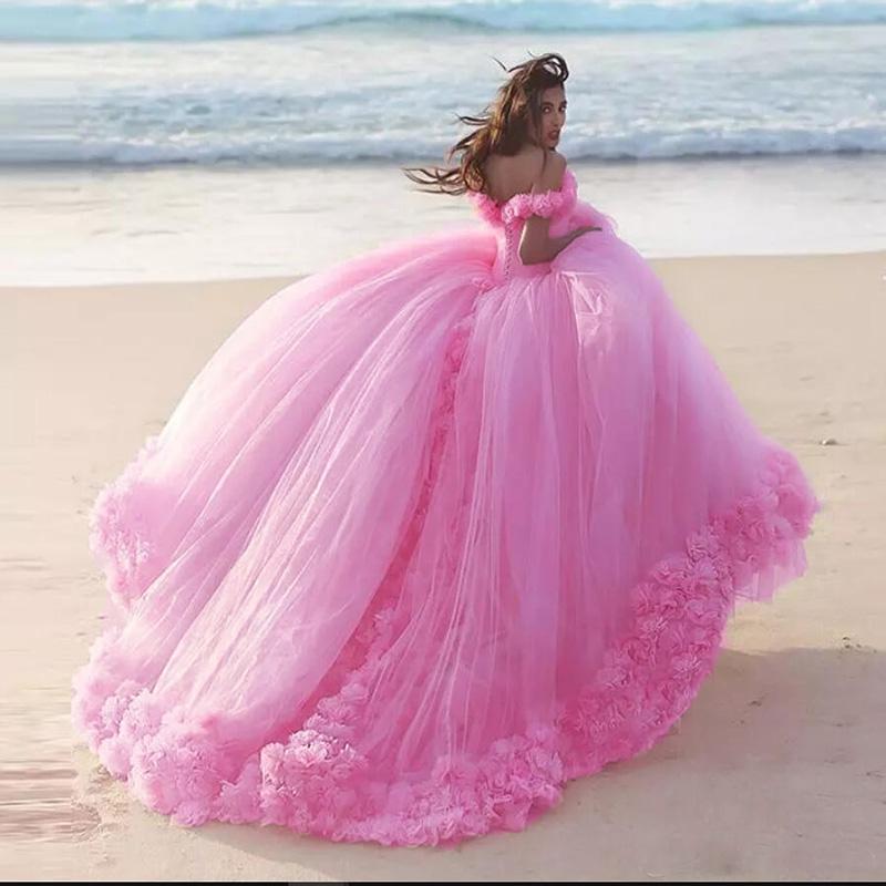 Romantic Poofy Pink Floral Wedding Dresses Off The Shoulder Ball Gown Quinceanera Dress