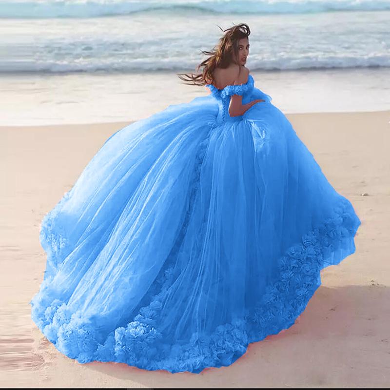 Romantic Poofy Pink Floral Wedding Dresses Off The Shoulder Ball Gown Quinceanera Dress