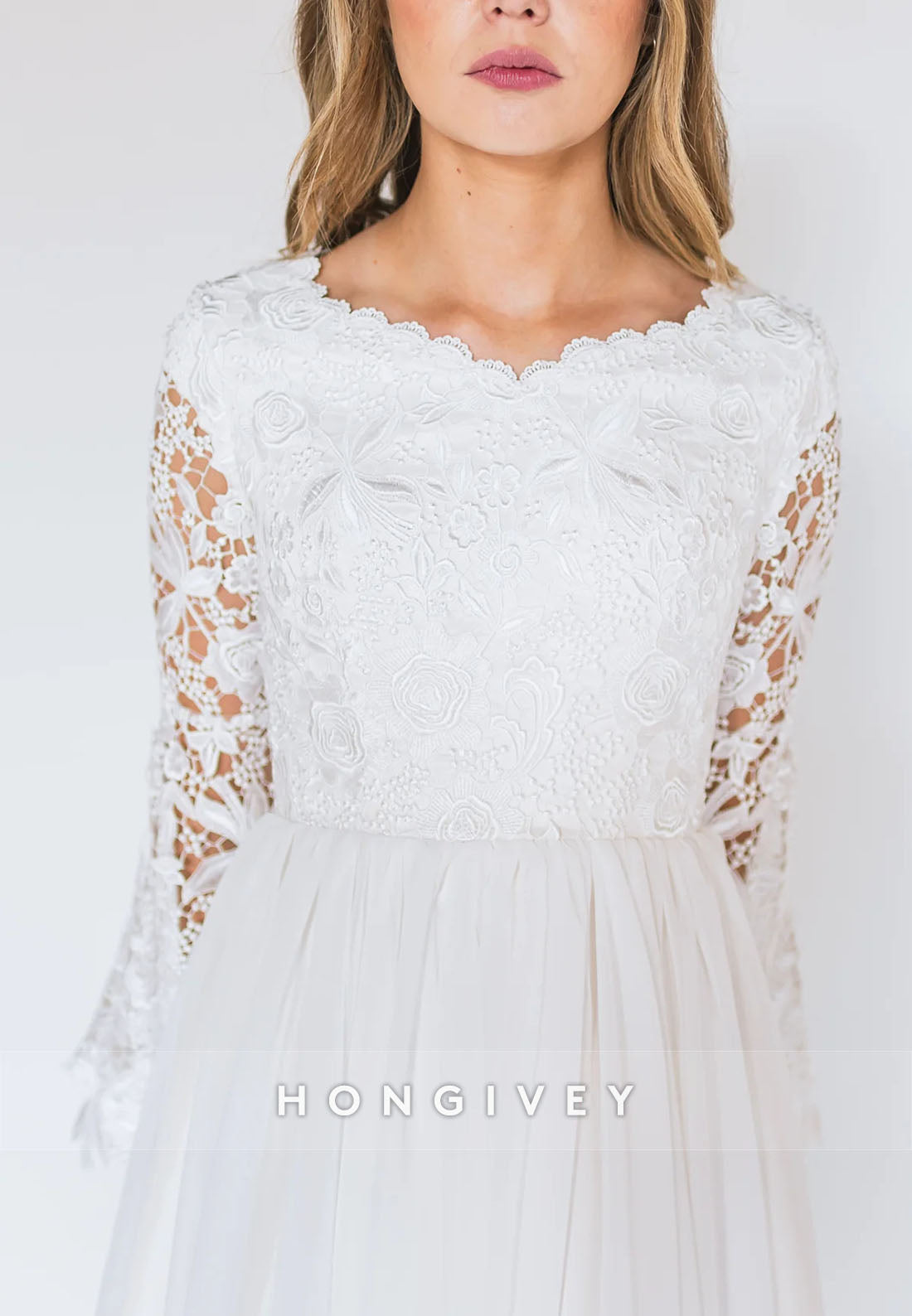 Court Train Scalloped Neck Long Sleeves Lace A-Line Wedding Dresses