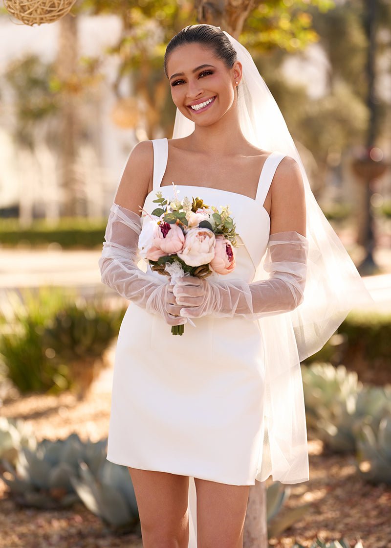 Yvaine | Square Neck White Satin Short Wedding Dress with Bow Back and Veil