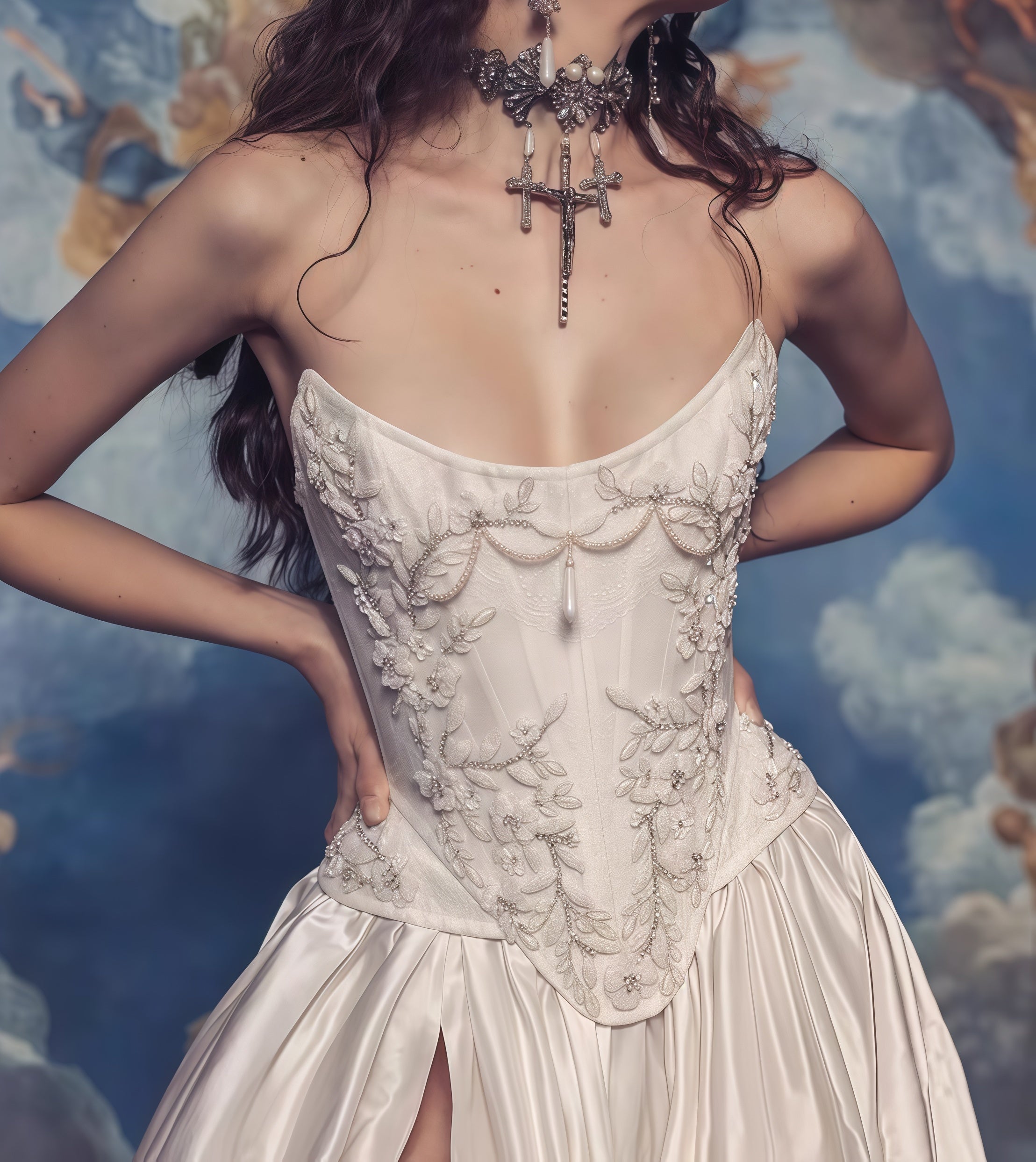 Strapless Lace Satin White Vintage Wedding Dress,