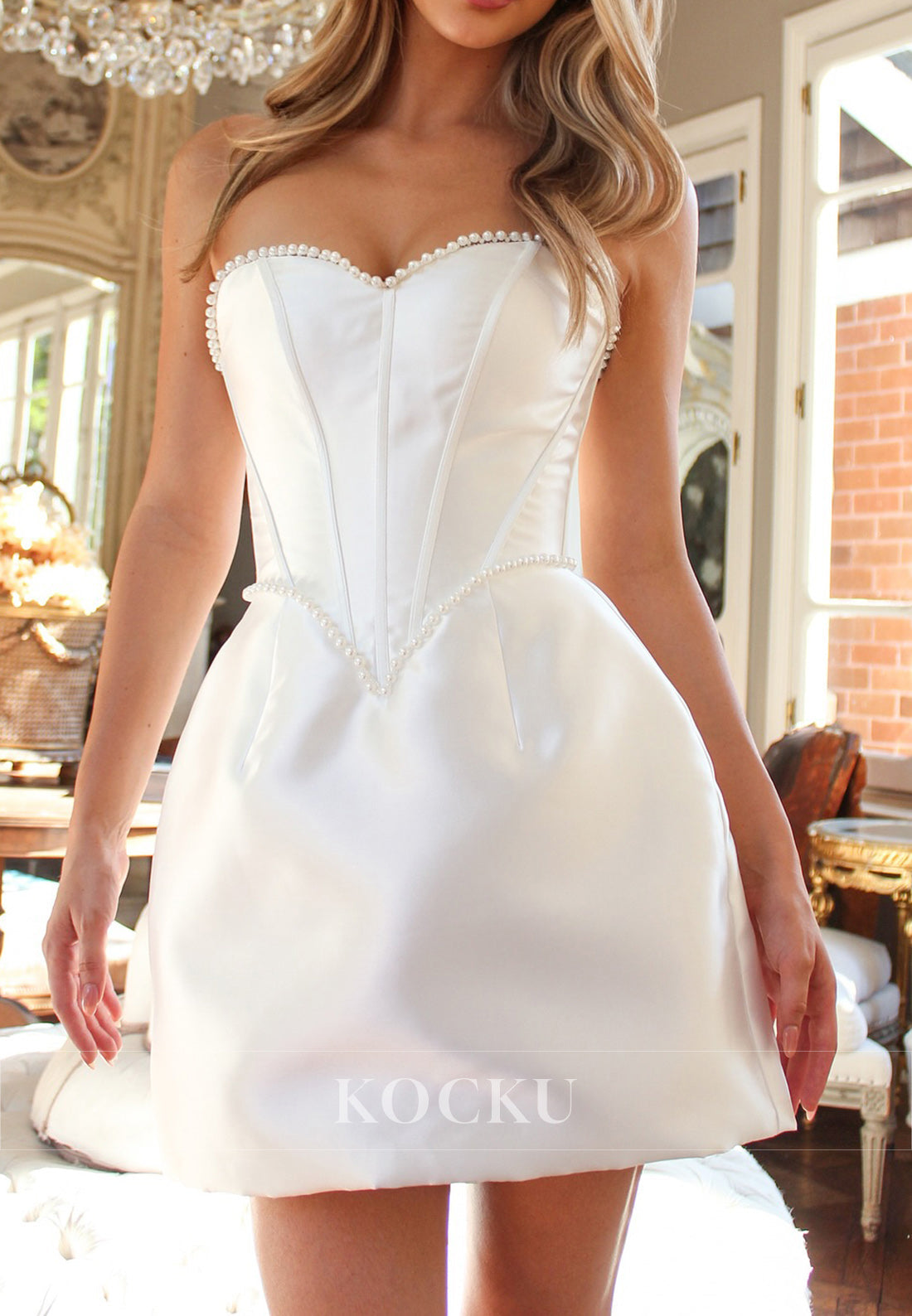 White Satin Strapless Mini Dress with Pearl Embellishments and Corset Back