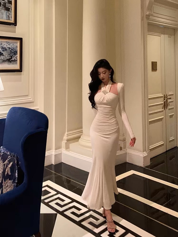 Stunning Sheath Halter Long Sleeves White Date Night Dress Ruffles Prom Dresses Birthday Outfit