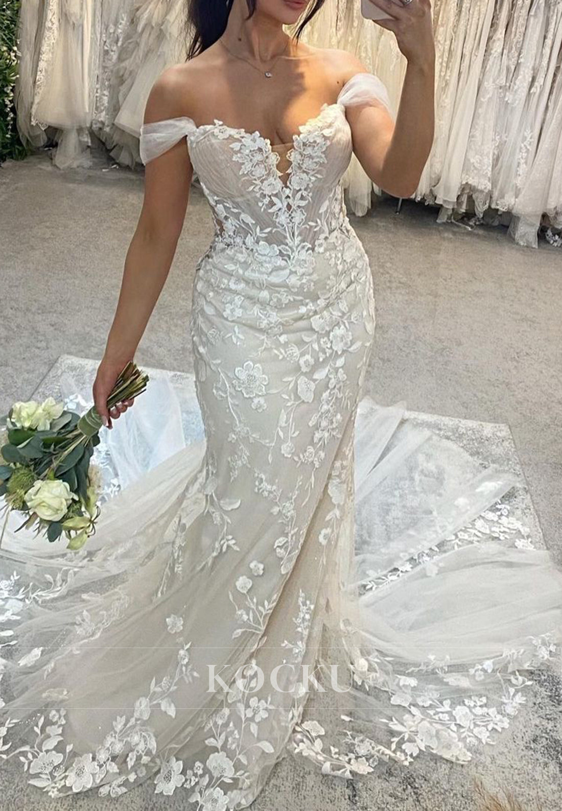 Off - Shoulder Floral Appliqué Mermaid Wedding Dress with Sheer Sleeves & Train