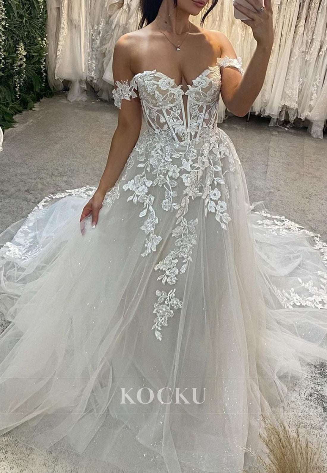 Off - Shoulder Sparkle Tulle Ball Gown Wedding Dress with 3D Floral Appliqués & Train
