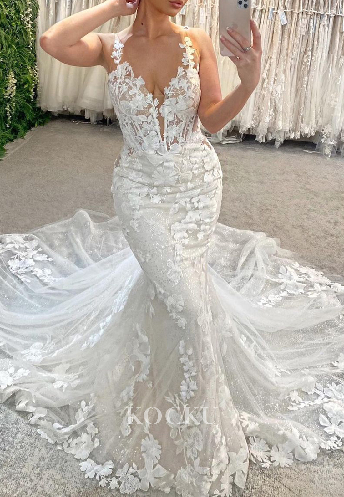 Romantic Deep V - Neck Sparkle Tulle Mermaid Wedding Dress with 3D Floral Appliqués & Train