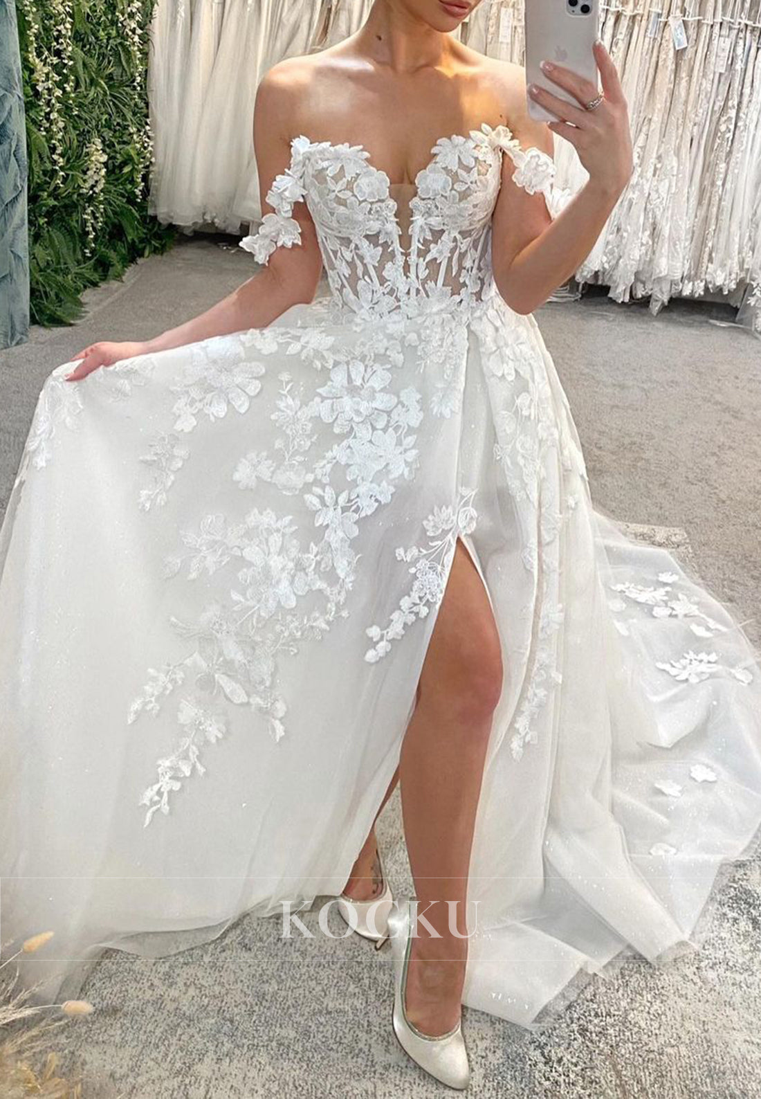 Off - Shoulder Floral Appliqué Wedding Dress with Slit & Tulle Train