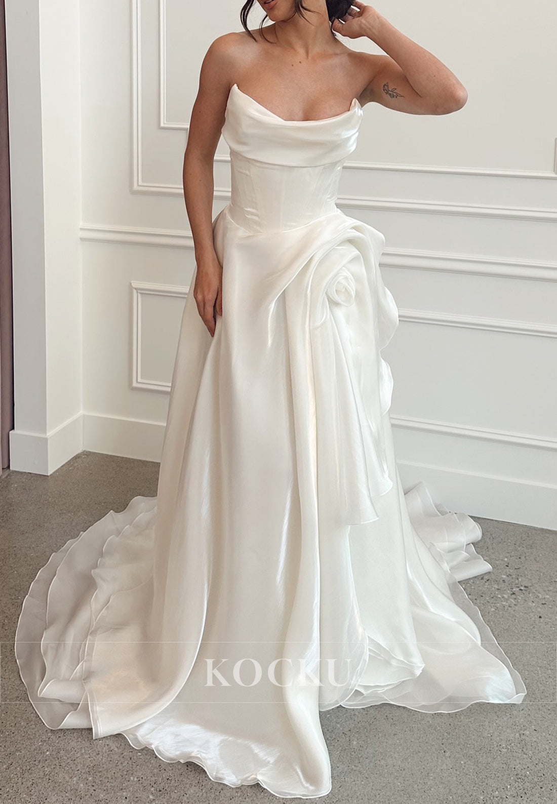 Strapless Organza Ball Gown Wedding Dress with Draped Floral Detail & Train