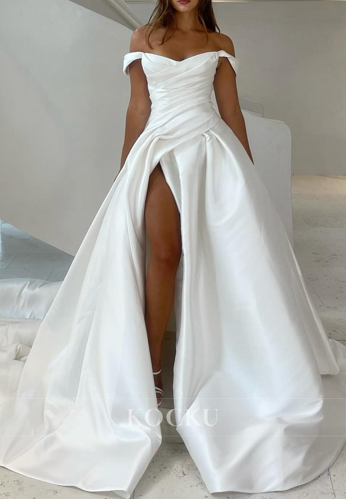 Off-Shoulder White Satin Ruched Ballgown Wedding Dress with High Split