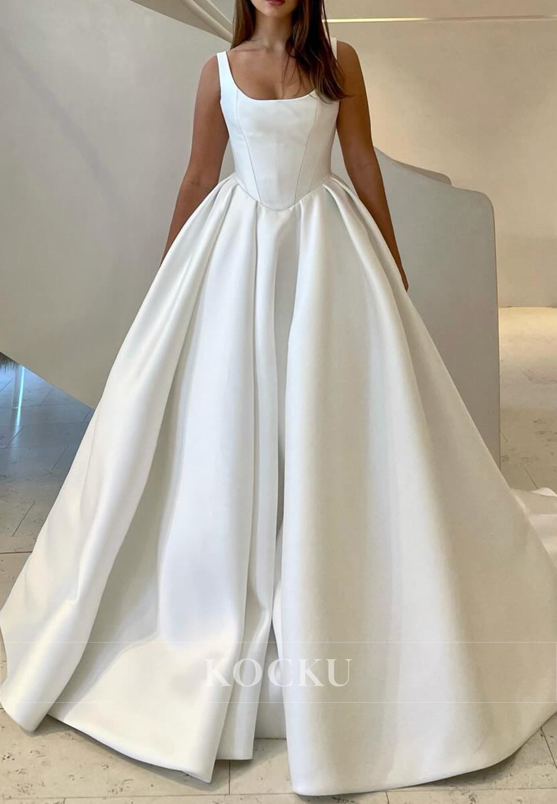 White Satin Scoop Neck Open Back Buttons-Up Back Ballgown Wedding Dress