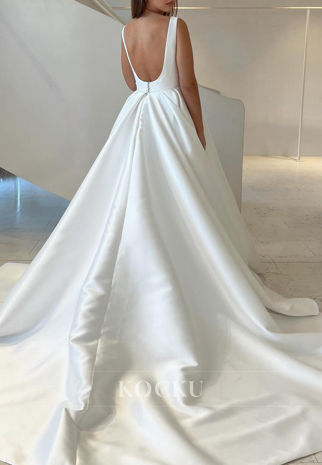 White Satin Scoop Neck Open Back Buttons-Up Back Ballgown Wedding Dress
