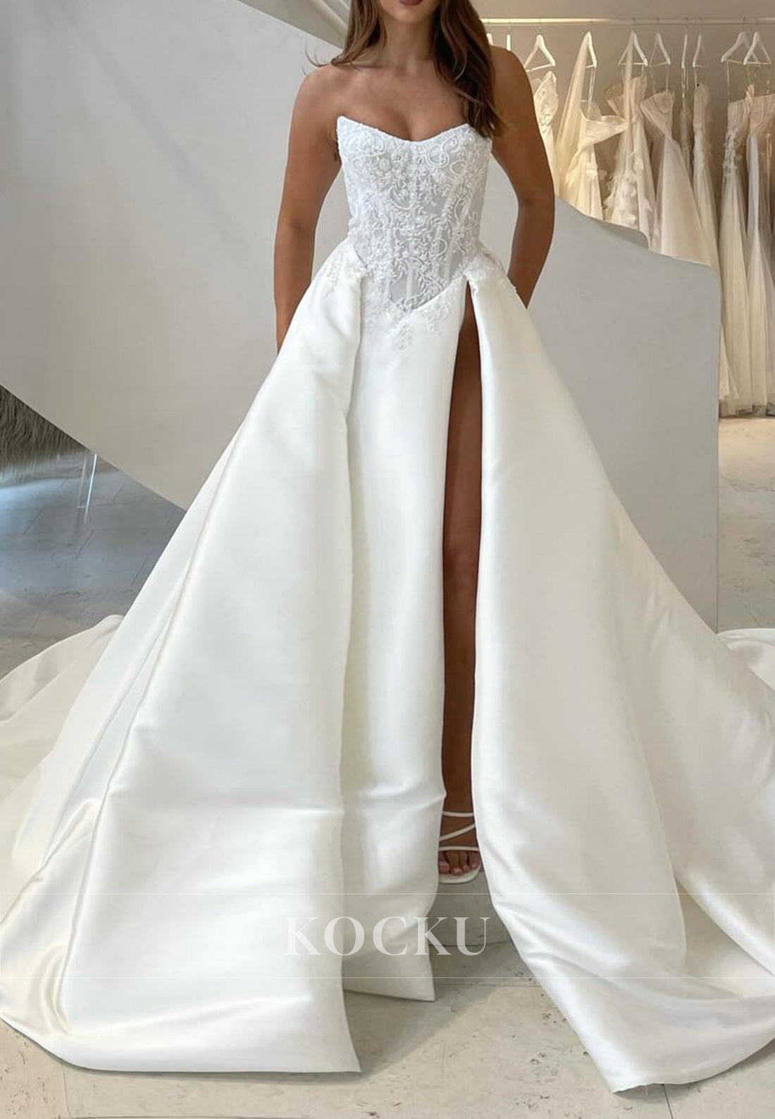 White Satin Strapless Buttons Back Ballgown Wedding Dress with Floral Lace and Slit