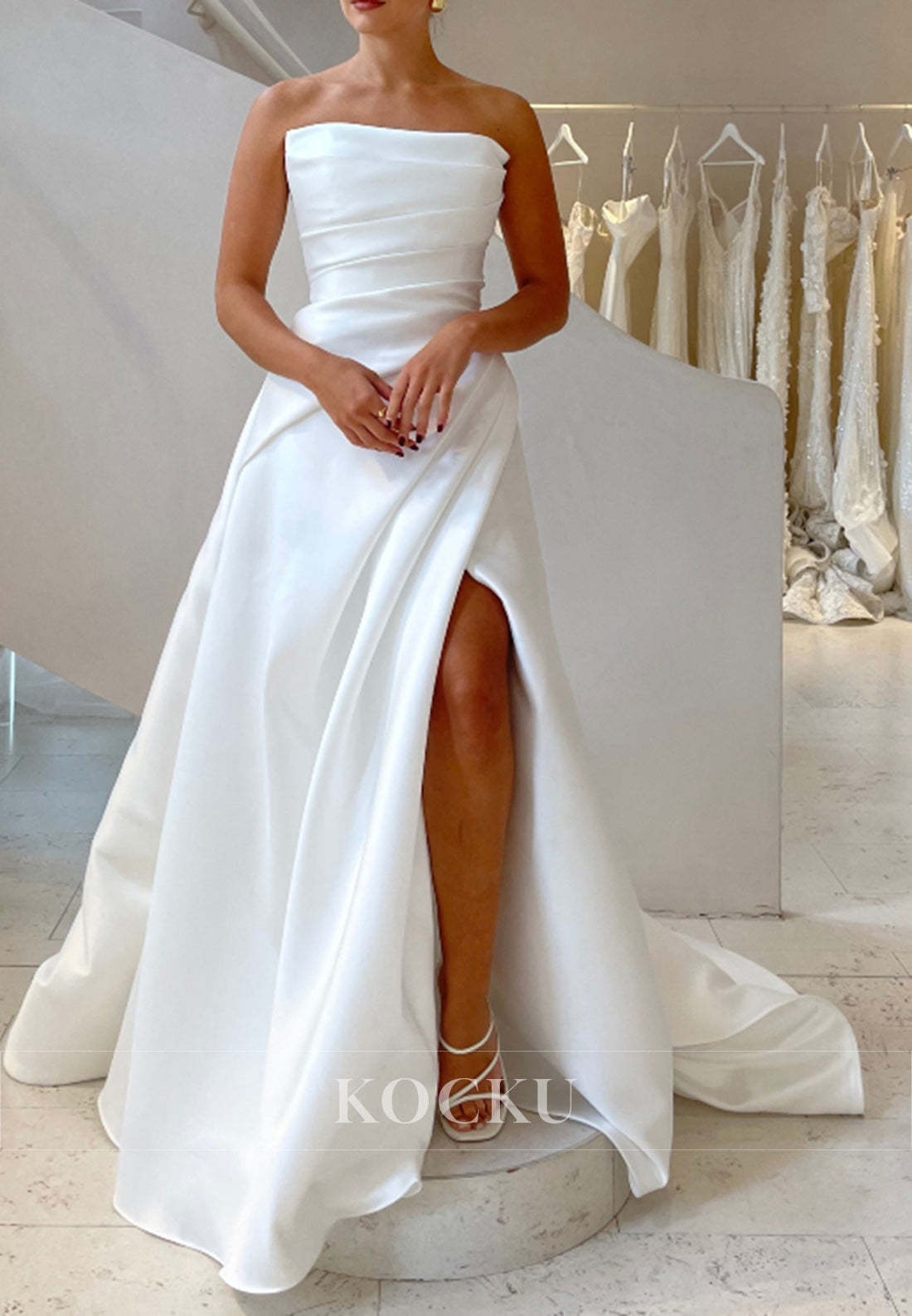 White Satin Strapless Ruched Wrap Ballgown Wedding Dress