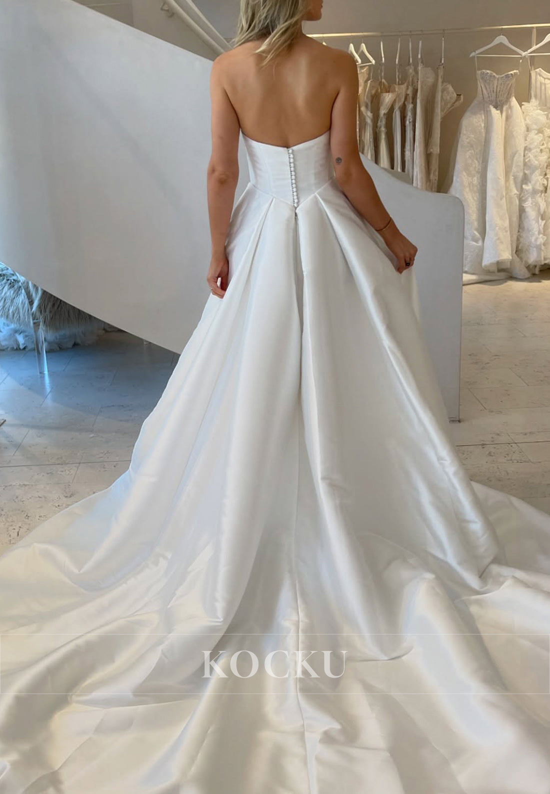 White Strapless Pearls Buttons-Up Back Ballgown Wedding Dress with Slit
