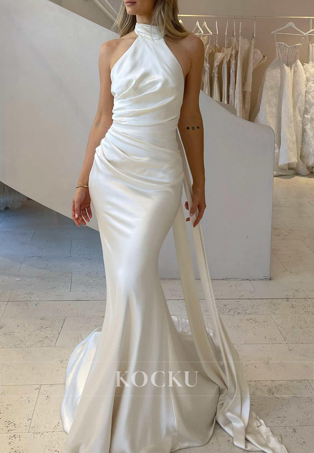 White Satin Ruched Halter Backless Mermaid Long Wedding Dress