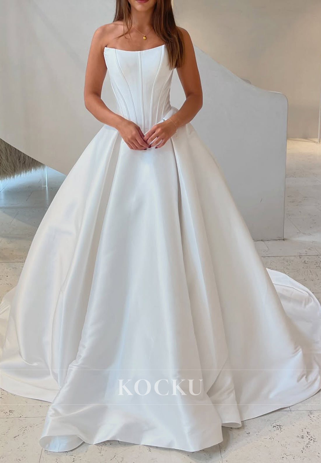 Minimalist White Satin Strapless Buttons Back Ballgown Wedding Dress