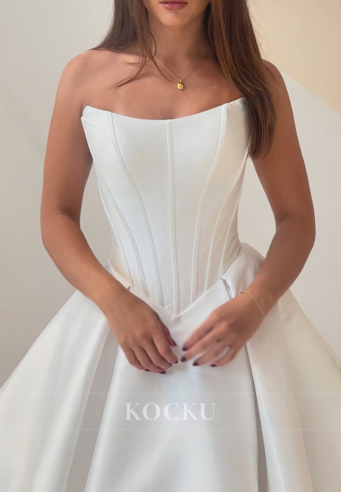 Minimalist White Satin Strapless Buttons Back Ballgown Wedding Dress