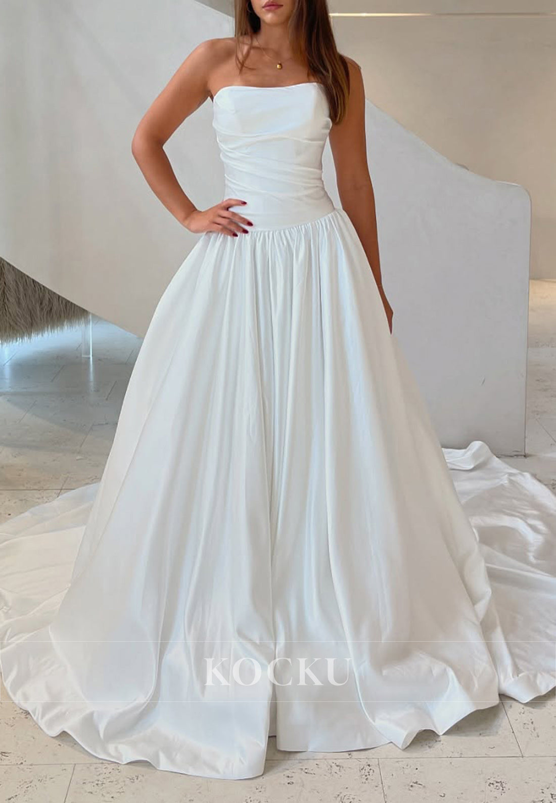 Classic White Strapless Ruched Buttons-Up Back Ball Gown Wedding Dress