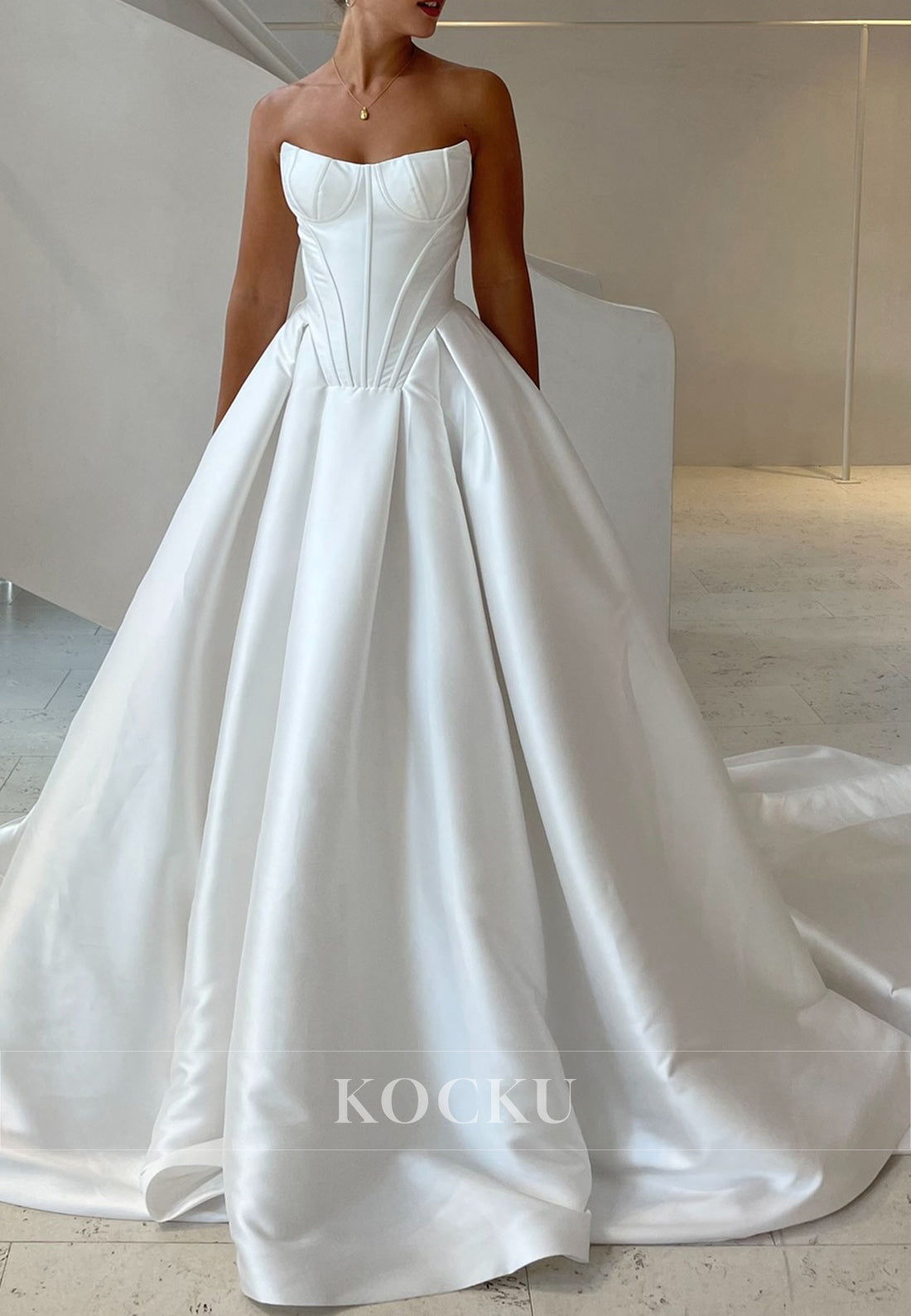 White Strapless Corset Bodice Full-Length Ballgown Wedding Dress