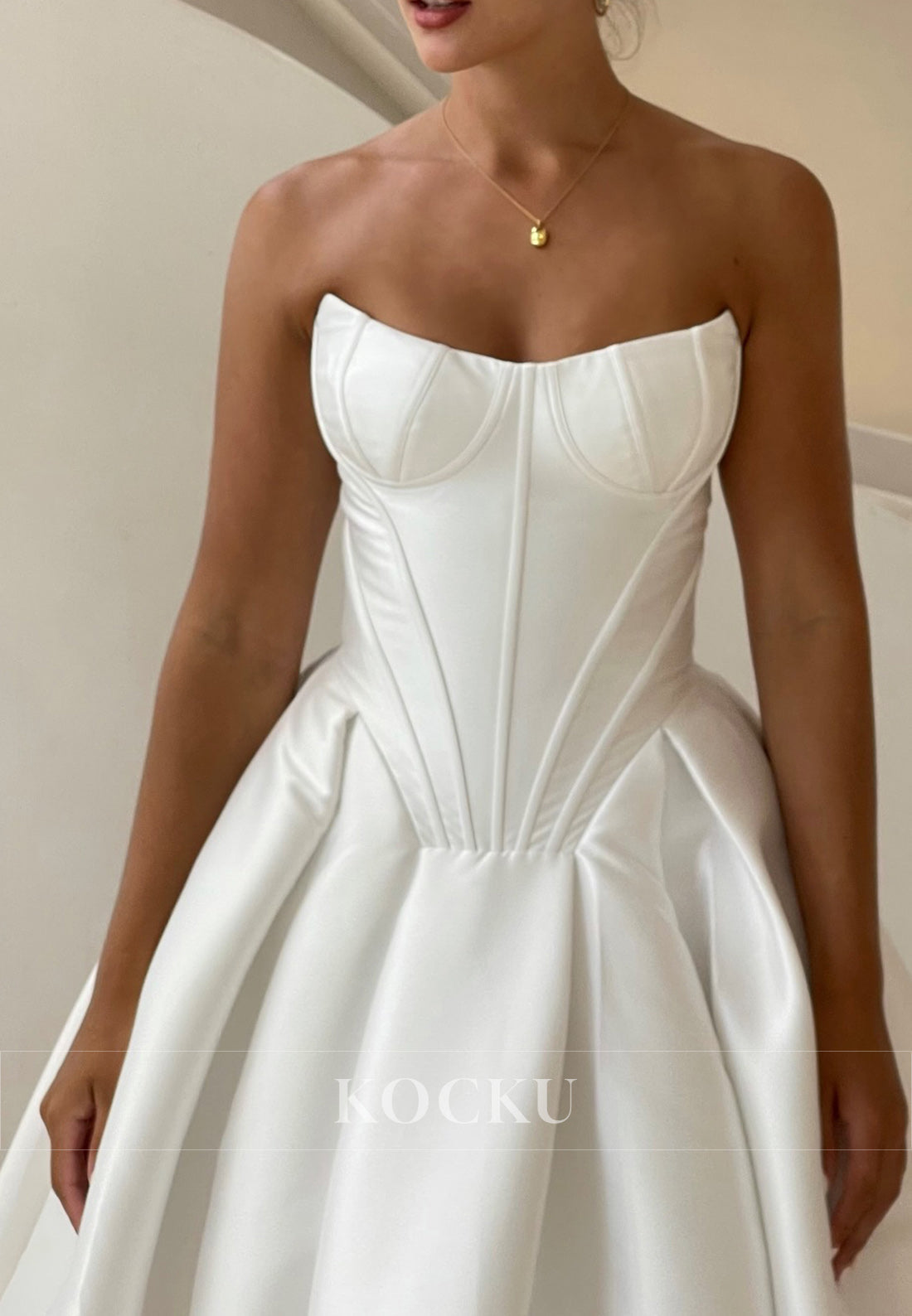 White Strapless Corset Bodice Full-Length Ballgown Wedding Dress