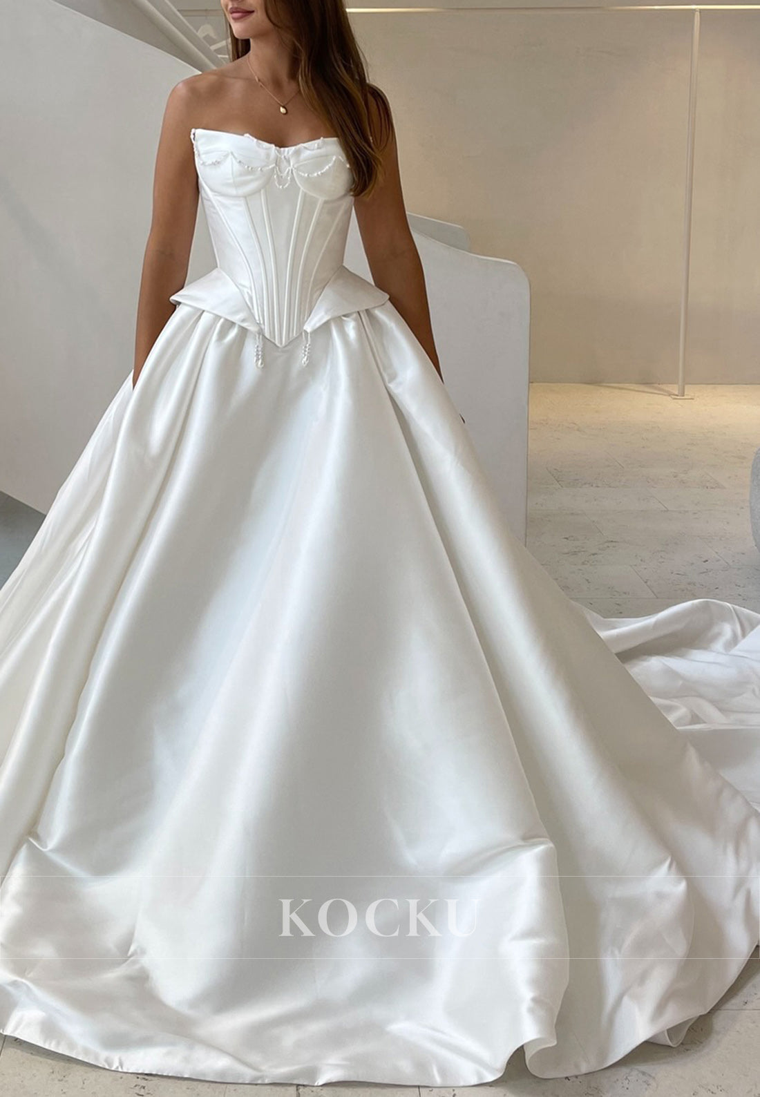White Pearls Satin Strapless Lace-Up Mikado-Style Ballgown Wedding Dress
