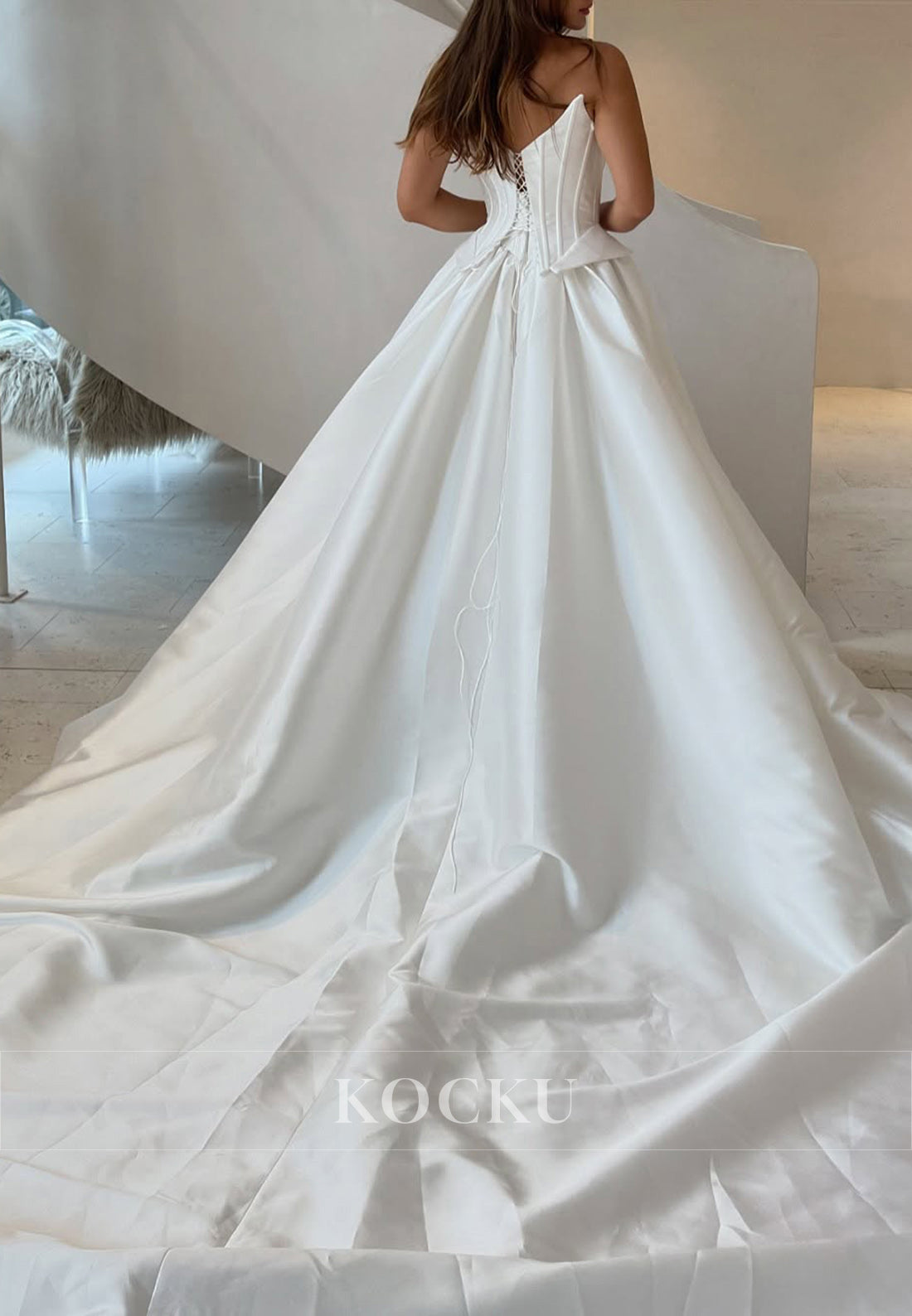 White Pearls Satin Strapless Lace-Up Mikado-Style Ballgown Wedding Dress