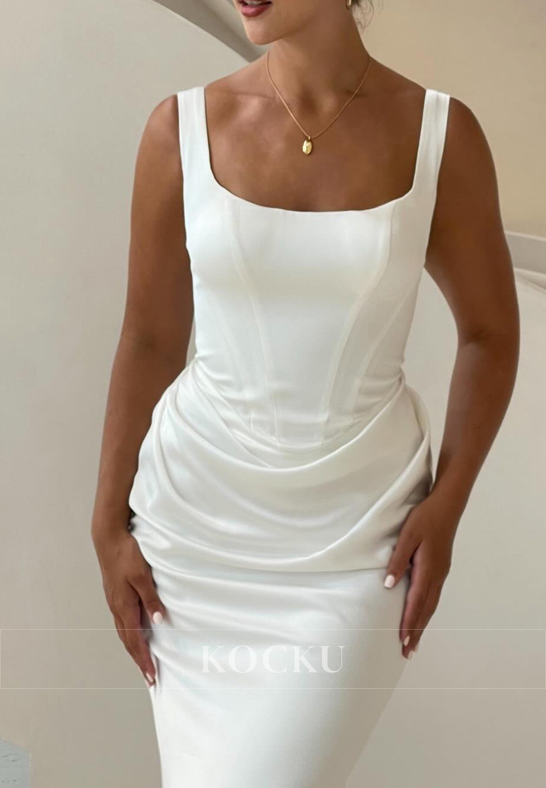White Square Neck Backless Ruched Mermaid Long Wedding Dress