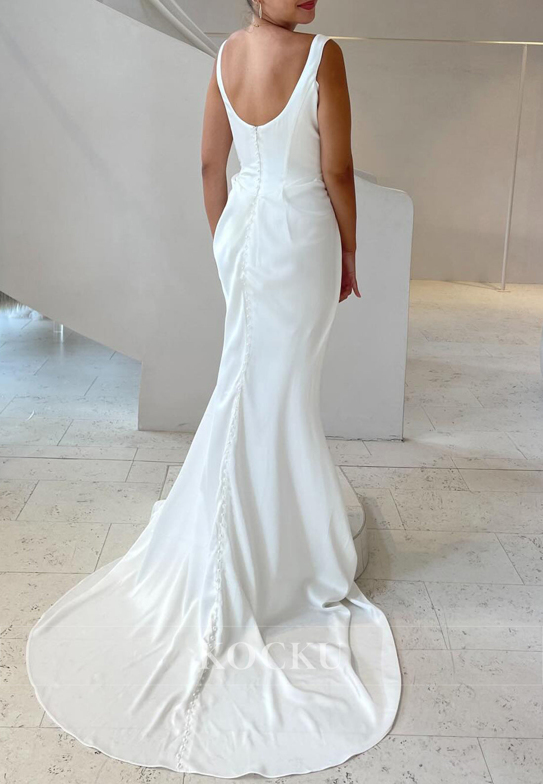 White Square Neck Backless Ruched Mermaid Long Wedding Dress