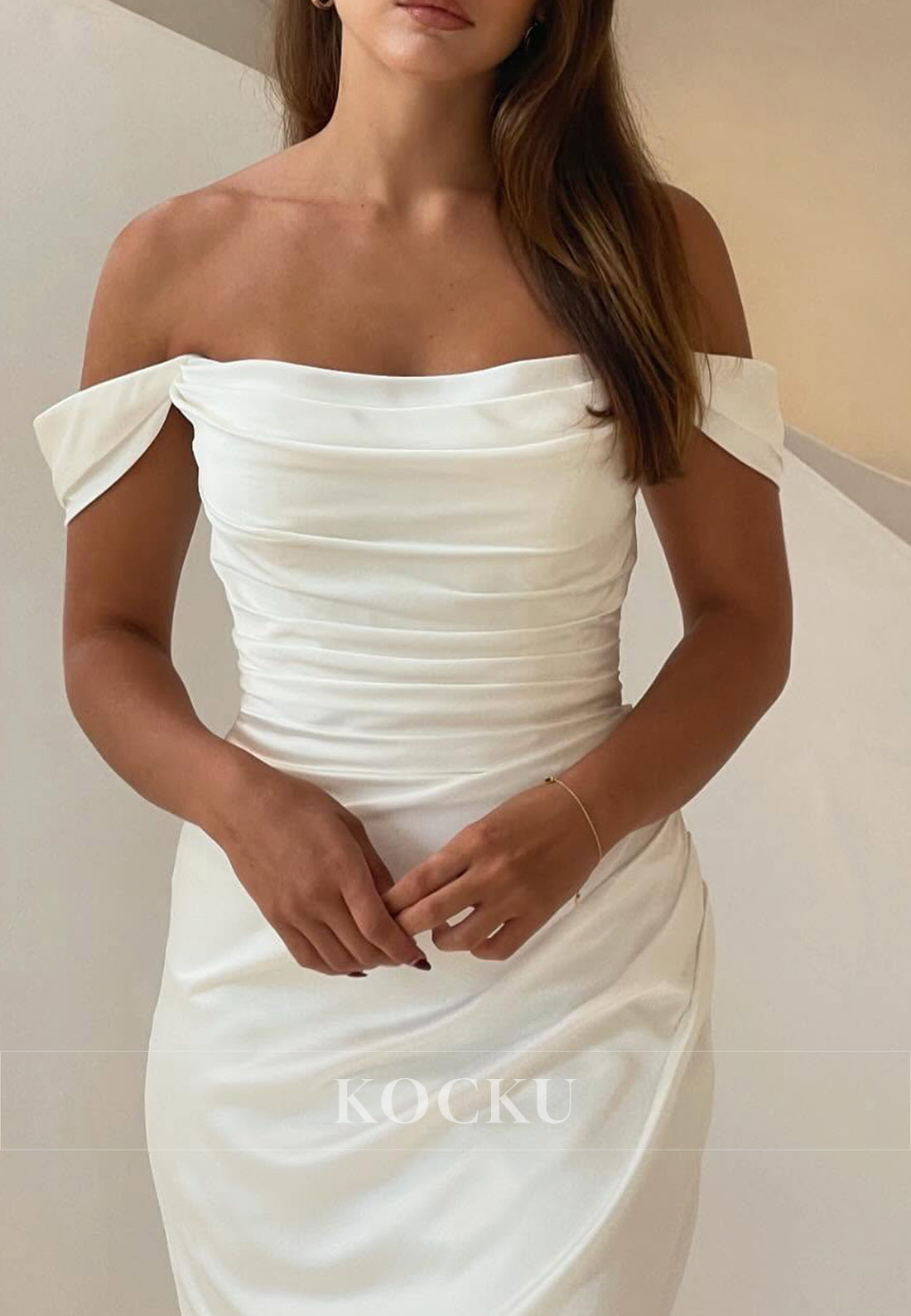 White Off-Shoulder Ruched Mermaid Long Wedding Dress