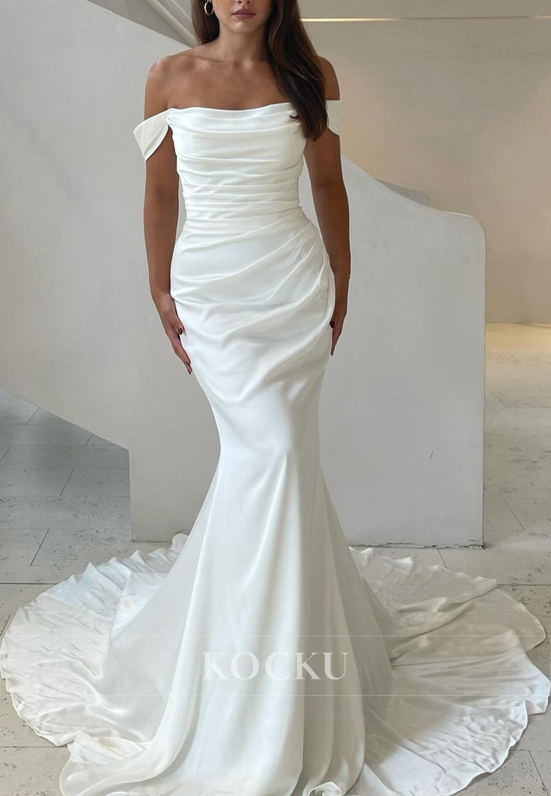 White Off-Shoulder Ruched Mermaid Long Wedding Dress