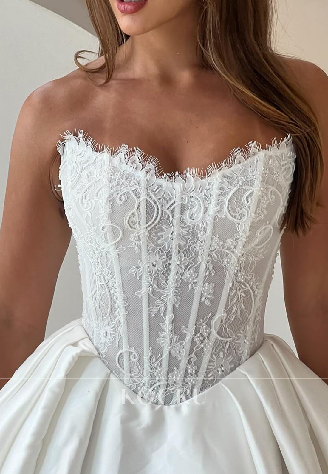 White Lace & Satin Strapless Ball Gown Wedding Dress with Detachable Sleeves and Slit