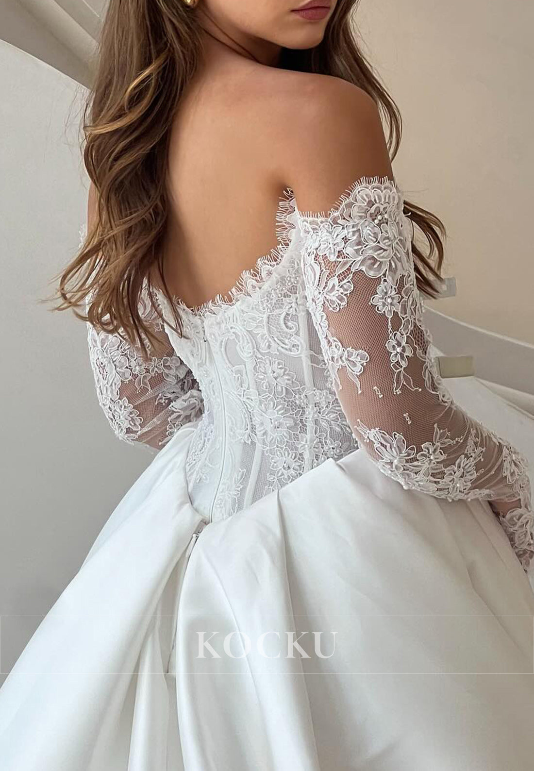 White Lace & Satin Strapless Ball Gown Wedding Dress with Detachable Sleeves and Slit